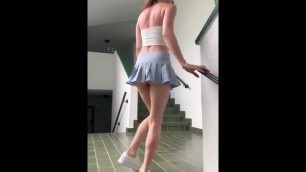 Micro Mini Skirt Walk Teen Brunette Exhib Ass