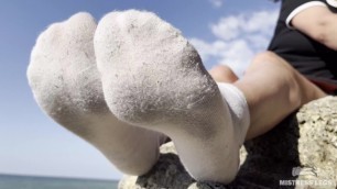 Sexy Feet in Dirty and Terry White Socks Teasing on the Seashore to the Sound of the Surf